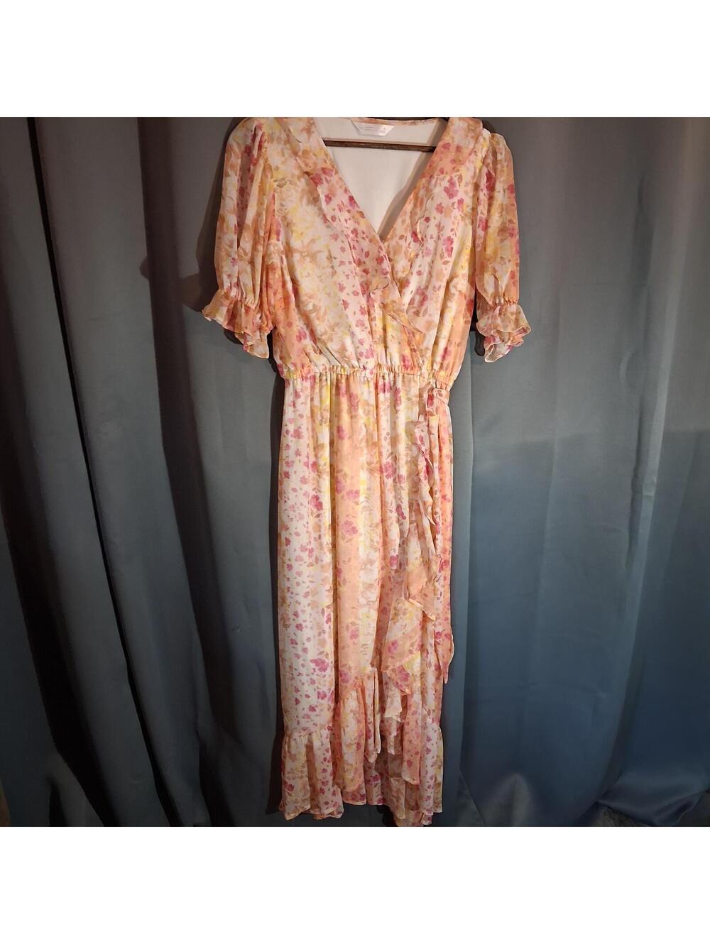 LC Lauren Conrad Floral Midi Dress Size M Pink Cream Puff Sleeve Wrap Style
